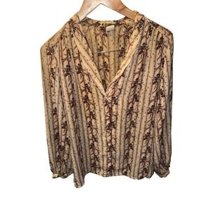 Vintage R.D. Floral Peasant Blouse Tan Brown Button Front Top Medium